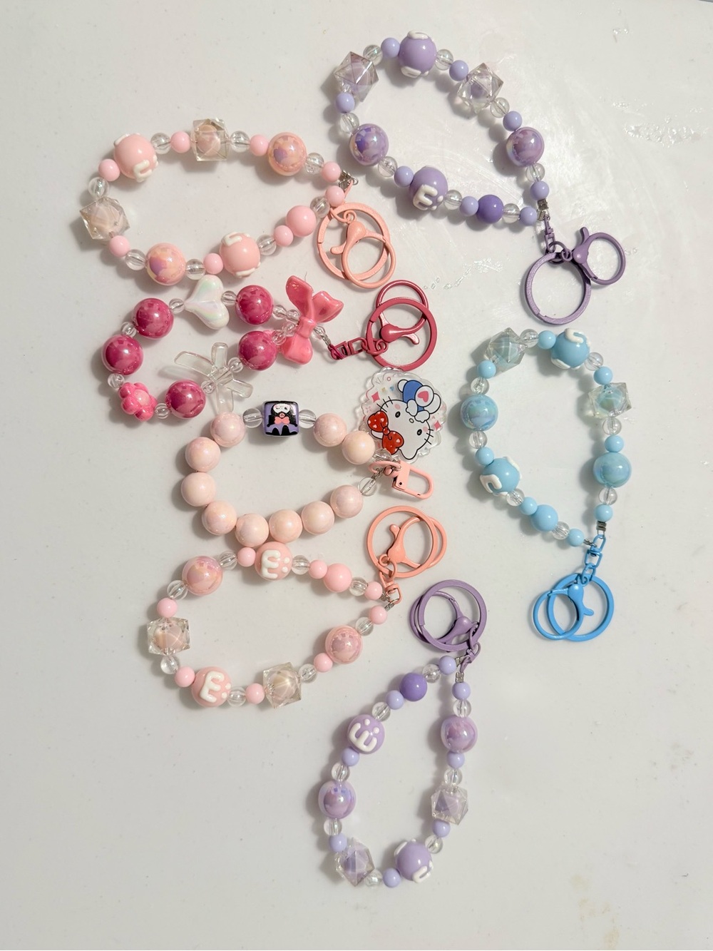 Pastel Beaded Wrist Keychain Bracelet - Pink, Purple, Blue